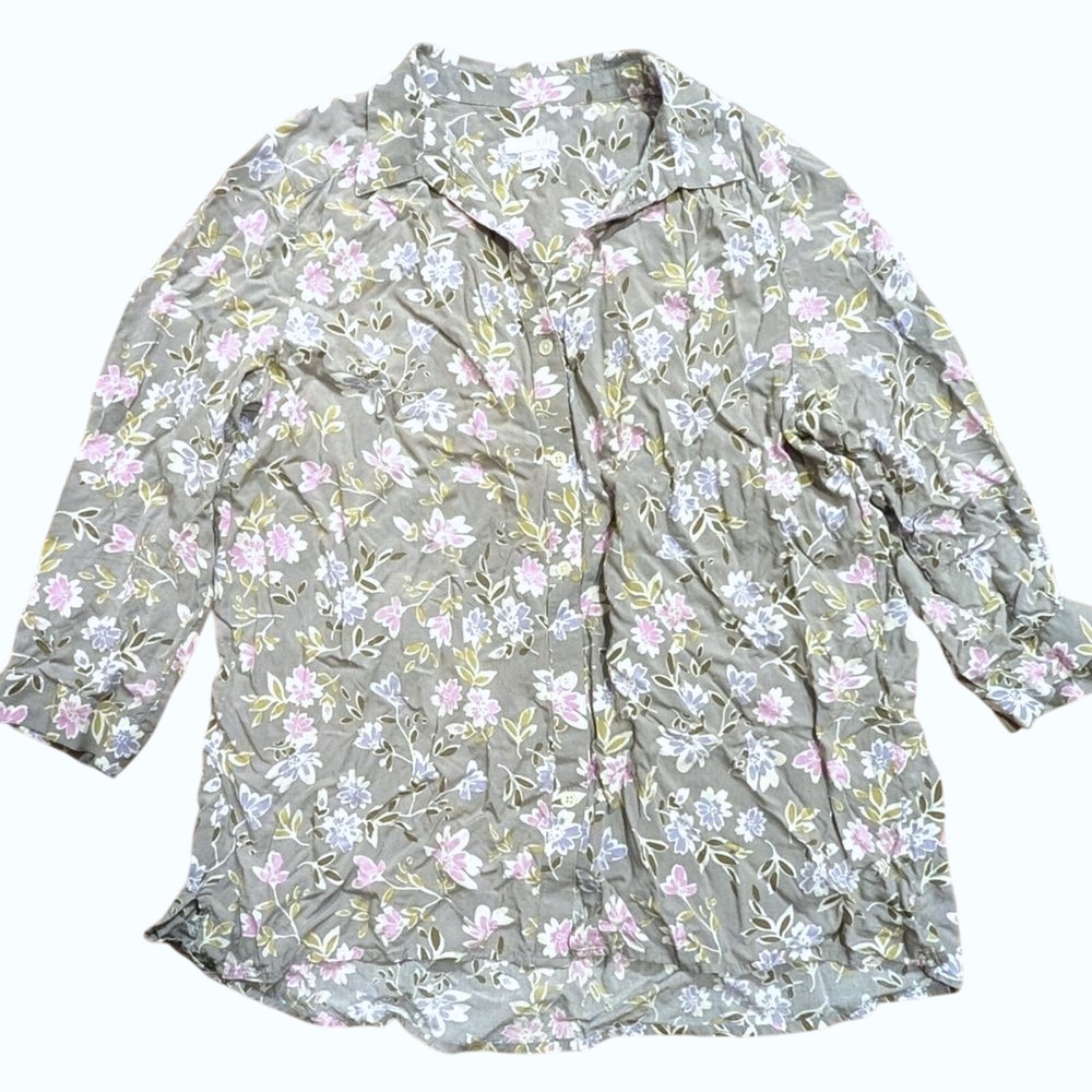 J.JILL Gray Floral Shirt Womens LARGE Collared V-Neck Button Down Career Casual